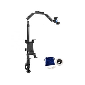 May include: A black, adjustable tablet and phone holder with a flexible arm, clamp, and phone clip. Includes a small blue velvet bag, a ring light, and a USB charging cable. The holder is designed for hands-free use.