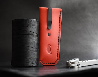 Leather Pocket Sheath for Butterfly Knife - Handmade Deep Carry Titanium Clip Slip for Balisong Knives (Red)