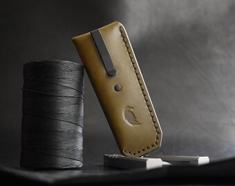 Leather Pocket Sheath for Butterfly Knife - Handmade Deep Carry Titanium Clip Slip for Balisong Knives (Olive)