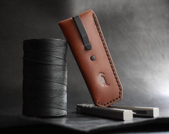 Leather Pocket Sheath for Butterfly Knife - Handmade Deep Carry Titanium Clip Slip for Balisong Knives (Brown)
