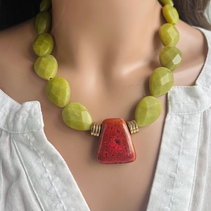 Jade and Coral necklace genuine gemstone necklace chunky necklace Jade necklace green necklace boho necklace organic necklace beaded necklac