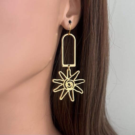 Star earrings sun earrings gold earrings long dangle earrings Geometric earrings Gold Statement earrings boho earrings fashion earrings