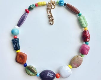 Porcelain Bead Necklace Ceramic Necklace chunky Necklace colorful Necklace Earth Tone necklace boho necklace all season necklace beaded