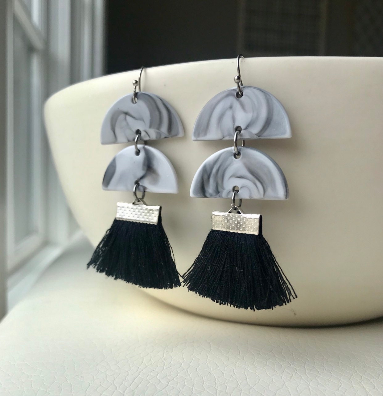 Black Tassel Fan Earrings Acetate Fan Earrings Cotton Tassel Etsy