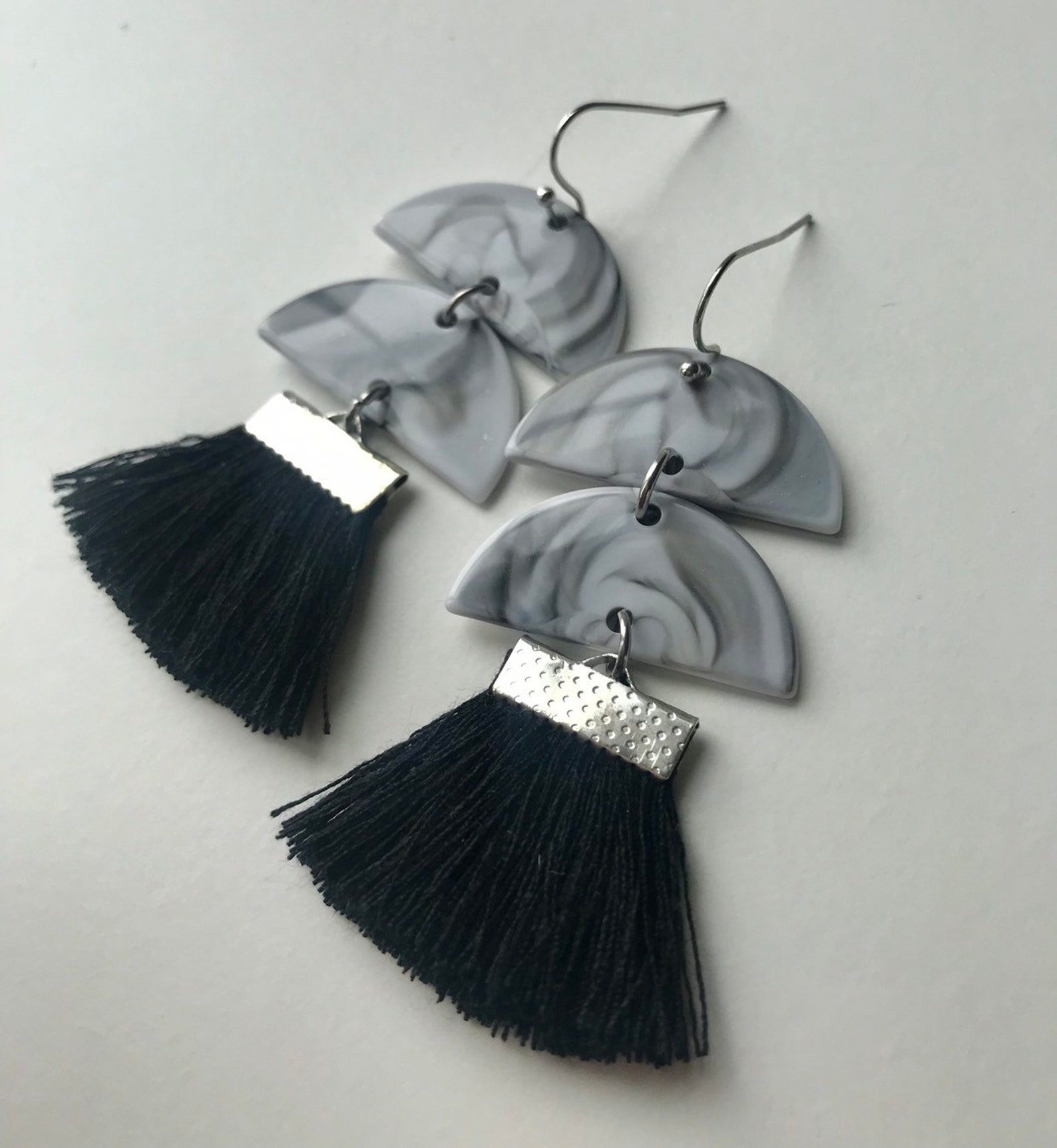 Black Tassel Fan Earrings Acetate Fan Earrings Cotton Tassel Etsy
