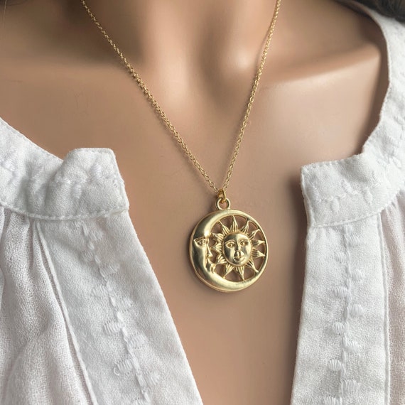Gold Sun and Moon Necklace Solstice Necklace Gold Statement