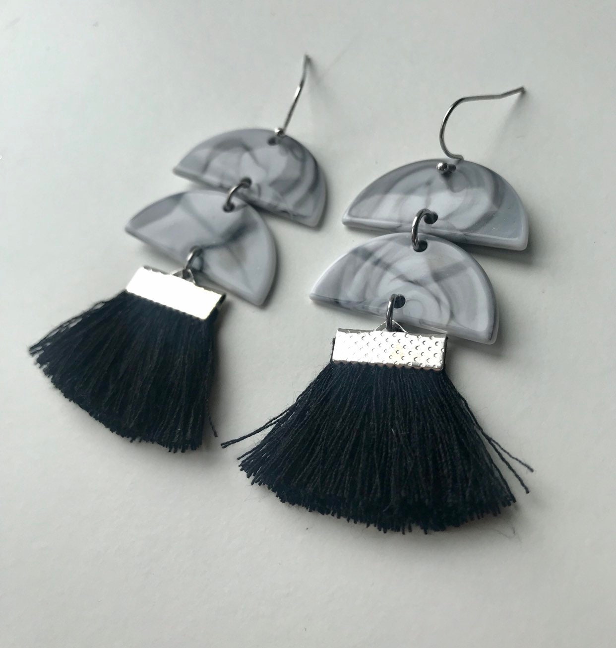 Black Tassel Fan Earrings Acetate Fan Earrings Cotton Tassel Etsy