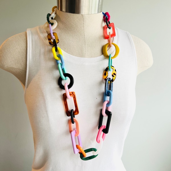 Rainbow Statement necklace Colorful Acrylic chain Necklace Long Chain Necklace chunky chain Necklace Chunky link Necklace Beach Necklace fun