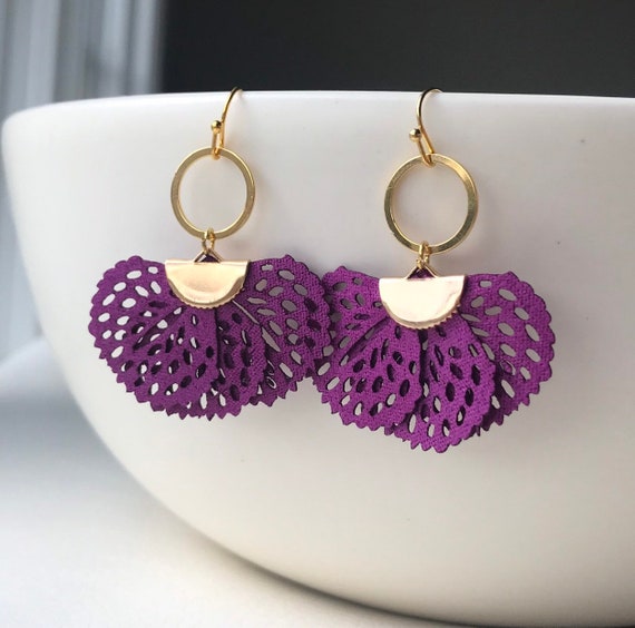 Plum Fan Earrings Carved Leaf Earrings Purple Statement | Etsy