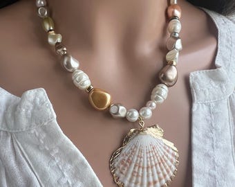 Shell necklace Charm necklace sea shell pendant pearl necklace beach necklace beaded necklace boho necklace summer necklace beach jewelry