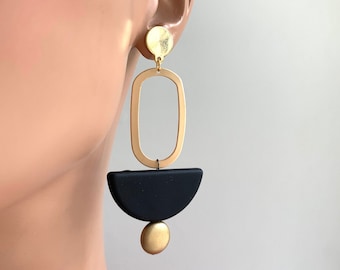 Modern Earrings, Matte Gold earrings, Geometric Earrings, Minimalist earrings, Statement Earrings, Semi Circle Earrings, Black Earrings