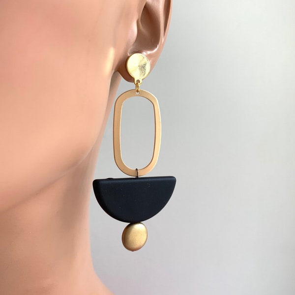 Modern Earrings, Matte Gold earrings, Geometric Earrings, Minimalist earrings, Statement Earrings, Semi Circle Earrings, Black Earrings