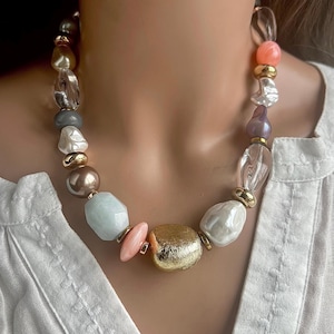 Chunky Halskette Statement-Halskette Aquamarin Halskette Edelsteinkette Muschelkette Perlenkette Kragenhalskette Perlenkette