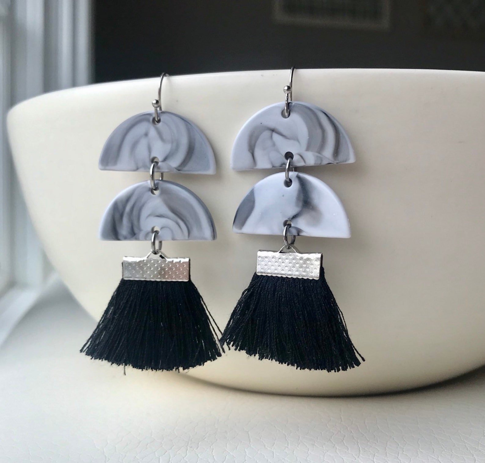 Black Tassel Fan Earrings Acetate Fan Earrings Cotton Tassel Etsy