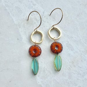 Czech Glass Earrings Earthy Earrings Burnt Orange earrings Sea Green earrings drop earrings dangle earrings boho earrings beaded earrings