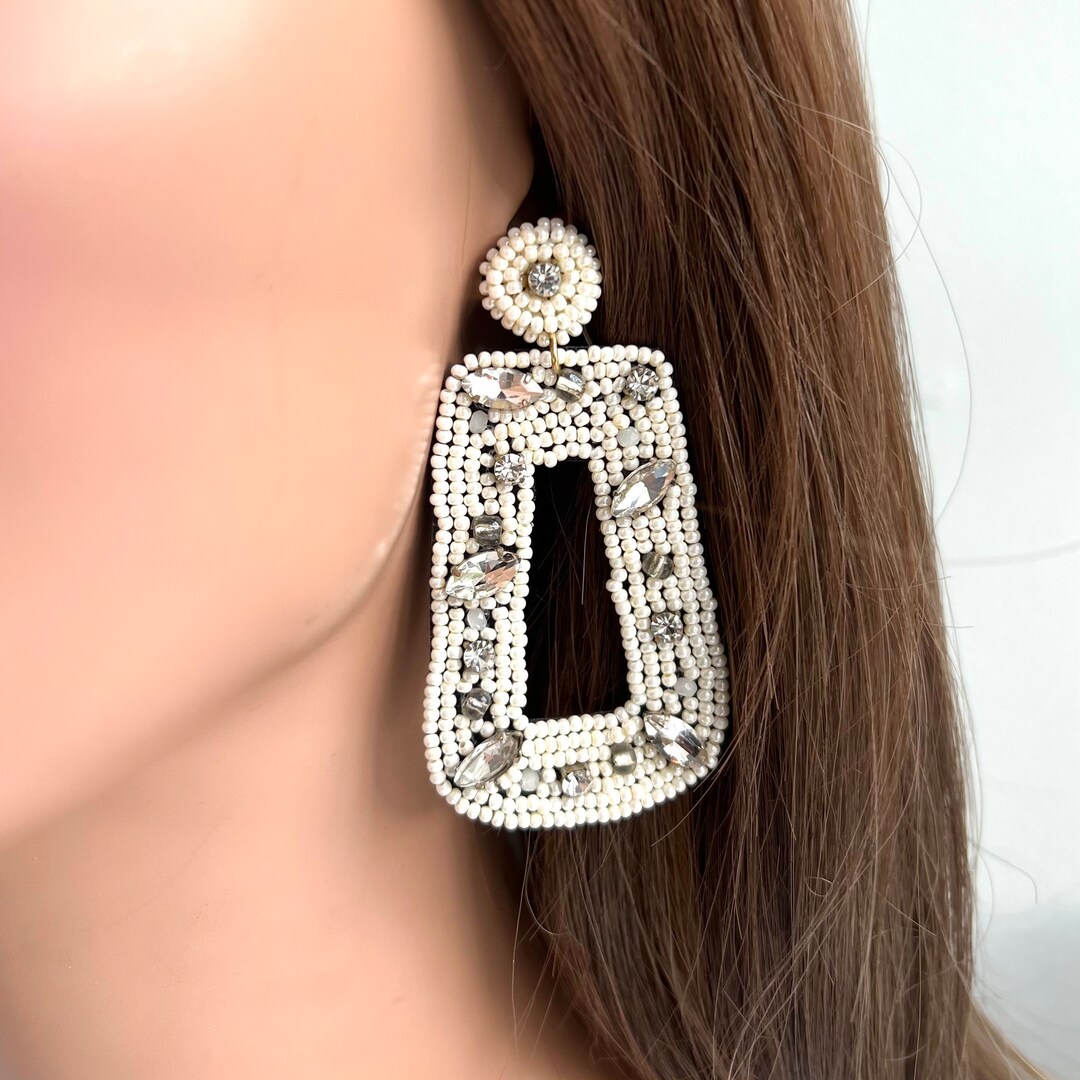 White Beaded Earrings White Fashion Earrings Bridal Etsy