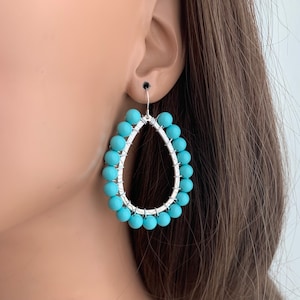 Turquoise Beaded Hoops, Turquoise Earrings, Teardrop Hoop earrings, Large Hoop earrings, Oval Hoop Earrings, Gemstone Earrings, Gift for Her