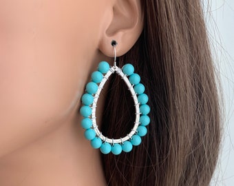 Turquoise Beaded Hoops, Turquoise Earrings, Teardrop Hoop earrings, Large Hoop earrings, Oval Hoop Earrings, Gemstone Earrings, Gift for Her