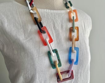 Rainbow Statement necklace Colorful Acrylic chain Necklace Long Chain Necklace chunky chain Necklace Chunky link Necklace Beach Necklace fun