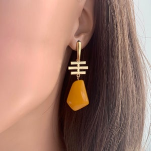 Acrylic Drop Earrings, Gold Earrings, Fashion Earrings, Acetate Earrings, mustard yellow Earrings, Geometric Earring, Statement earrings