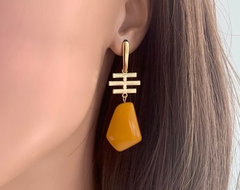 Acrylic Drop Earrings, Gold Earrings, Fashion Earrings, Acetate Earrings, mustard yellow Earrings, Geometric Earring, Statement earrings