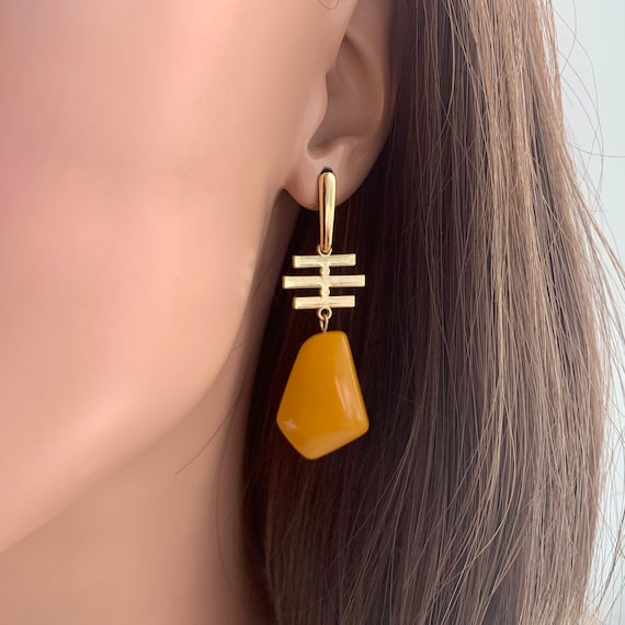 Acrylic Drop Earrings, Gold Earrings, Fashion Earrings, Acetate Earrings, mustard yellow Earrings, Geometric Earring, Statement earrings