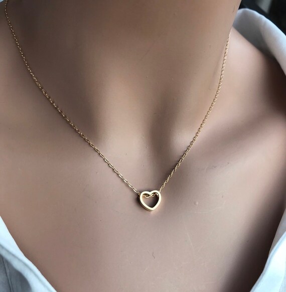 Gold Open Heart Necklace Small Charm Layering - Tiny Heart Pendant Necklace