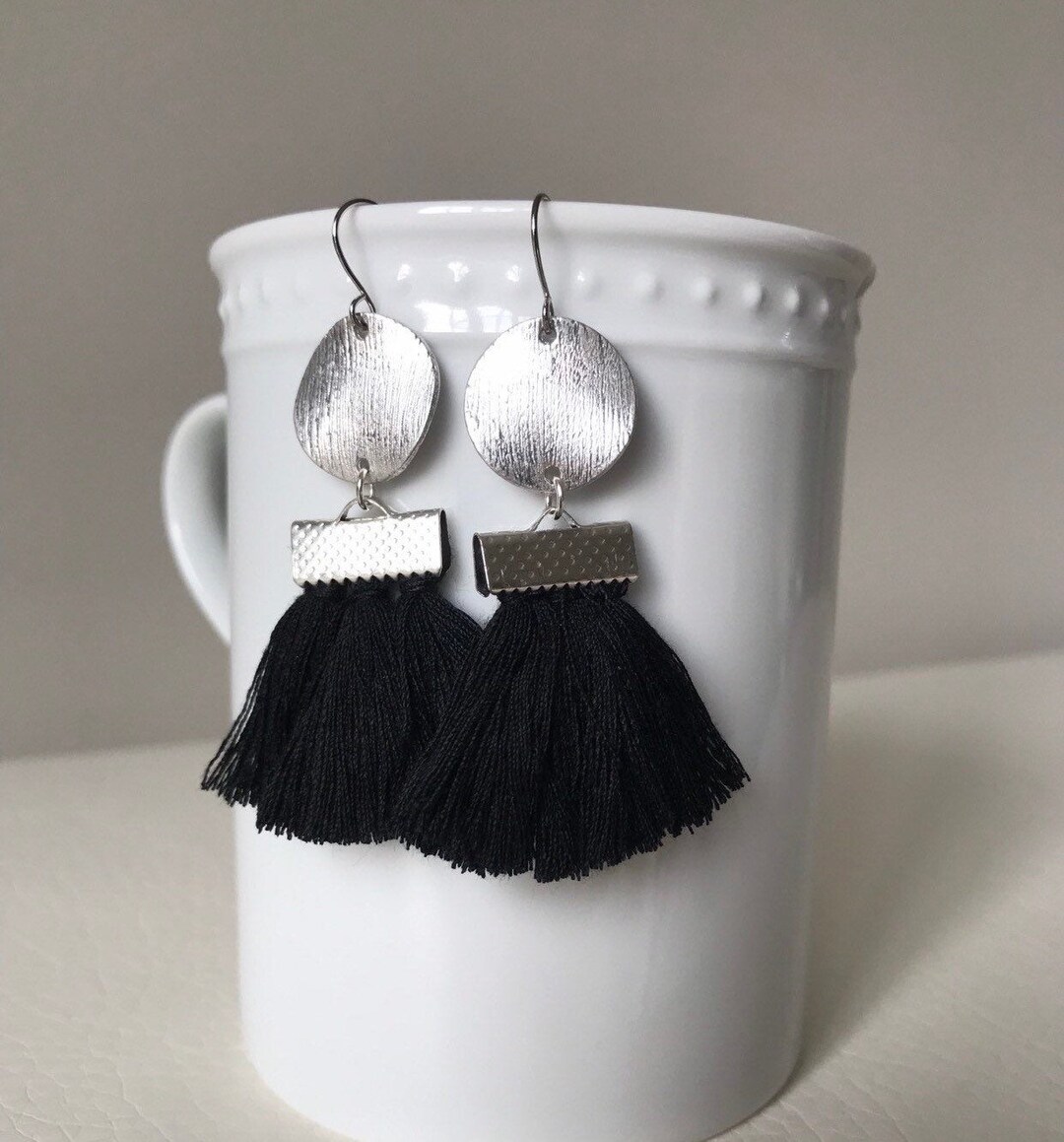Black Tassel Earrings Tassel Fan Earrings Fan Tassel Etsy