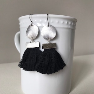Black Tassel Earrings- Tassel Fan Earrings- Fan Tassel Earrings- Silver Tassel Earrings- Bridesmaid earrings