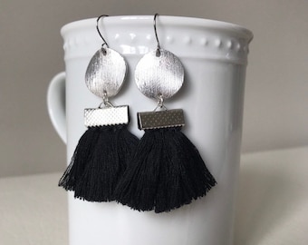 Black Tassel Earrings- Tassel Fan Earrings- Fan Tassel Earrings- Silver Tassel Earrings- Bridesmaid earrings