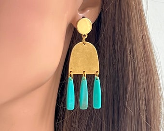 Acrylic Drop Earrings, Raw brass Earrings, Turquoise earrings, Fashion Earrings, Geometric Earring, Statement earrings, contemporary earring