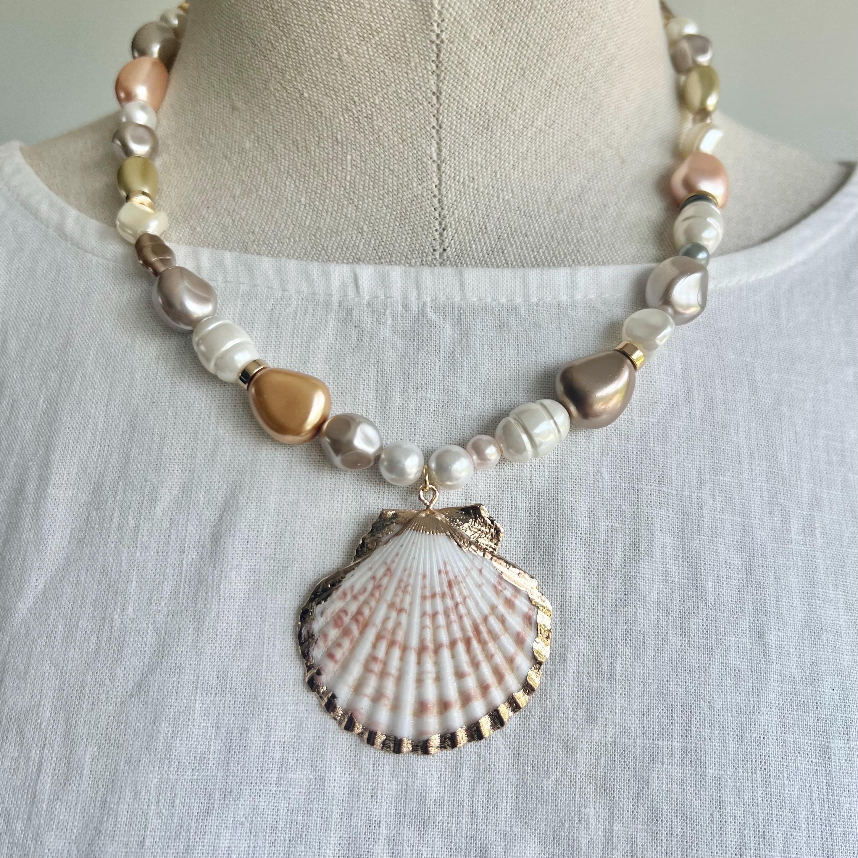 Shell Neckless Shell Necklace Charm Necklace Sea Shell Pendant Pearl Necklace Beach ...