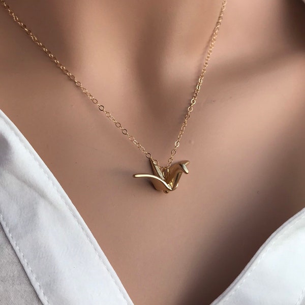 Origami Crain Necklace-  Crain Charm Necklace- 14k Gold Filled Crane Necklace- layering necklace- Dainty Necklace- minimalist jewelry