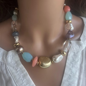 Chunky Halskette Statement-Halskette Aquamarin Halskette Edelsteinkette Muschelkette Perlenkette Kragenhalskette Perlenkette