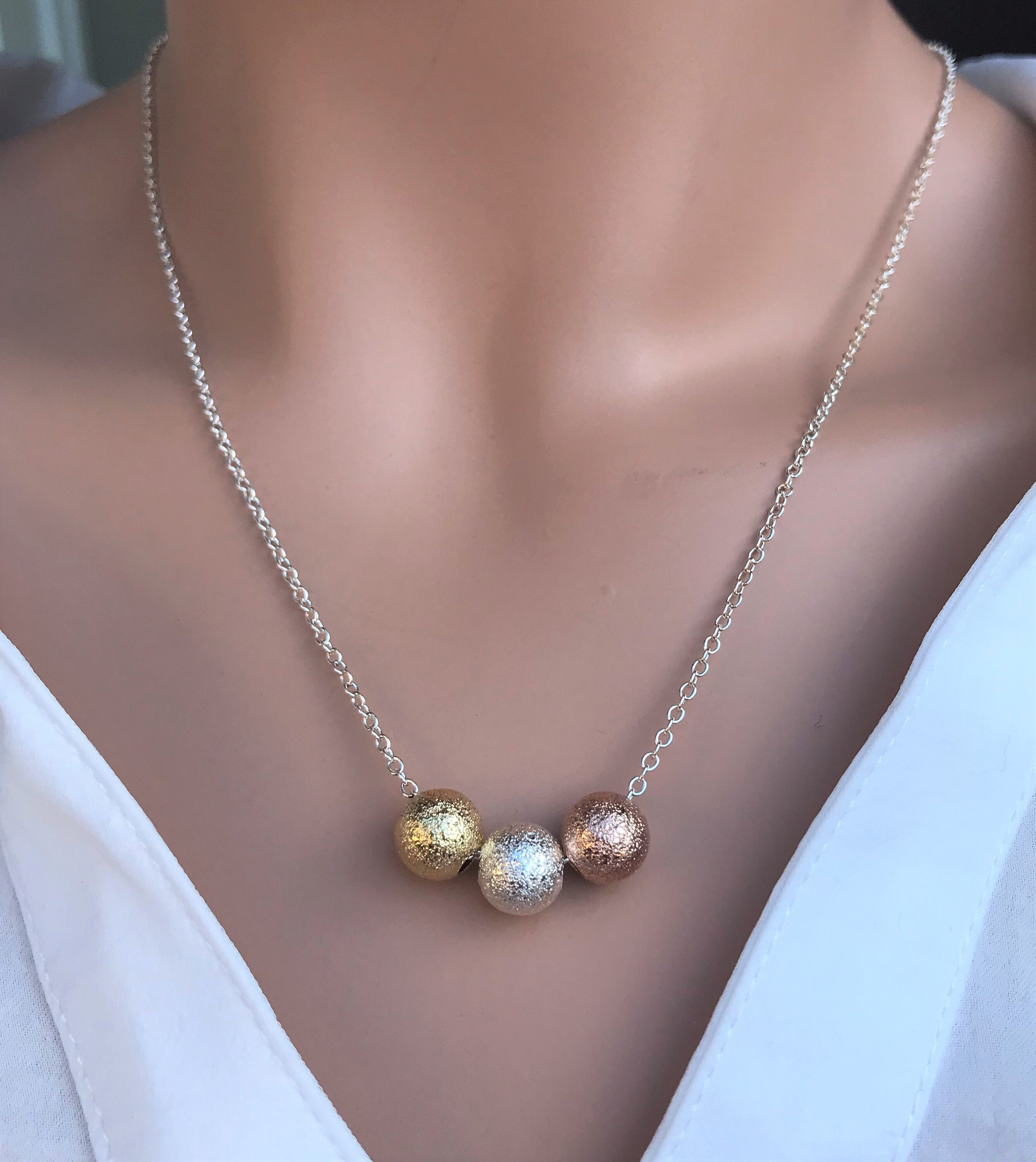 Triple Bead Ball Necklace Triple Sparkle Necklace Mix Metal Etsy