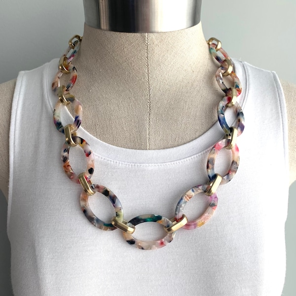 Chunky Chain Necklace, Rainbow Acrylic Necklace, Tortoise shell Necklace, Thick chain Necklace, Acrylic Chain Necklace, Statement Necklace