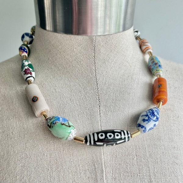 Ceramic Necklace Chunky Beaded Necklace Vintage Bead Necklace colorful necklace Venetian Glass necklace hand painted ceramic bead necklace