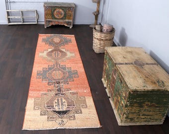 2x8 Red Gray Brown Handmade Runner, Turkish runner, 2x8 Runner, Oushak Runner, Halway Runner, Old Runner, Antique Rug,Wool Rug,2.6x8.6 feet
