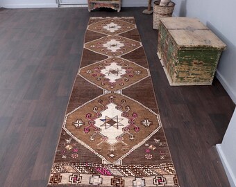 2x13 Brown Turkish Runner Rug: Neutral Oushak Hallway Rug