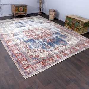 8x11 Blue Red Soft Turkish Rug, Oushak Rug, Distressed Rug, 8x11 Rug, Handmade Rug, Large Rug, Big Rug, Old rug, Bedroom Rug, 8.7x113. feet