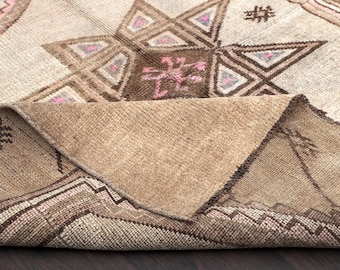 4.6x4.7 ft Oushak Wool Rug: Brown, White, and Pink Handmade Turkish Rug