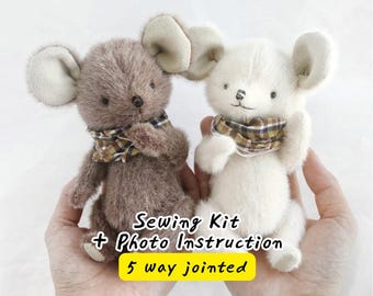 Teddy Mouse Sewing Kit, Jointed Mice Plushie Toy Craft Kit with Sewing Pattern and Instruction