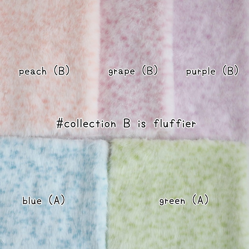 May include: A close-up of fluffy fabric samples in various pastel colors: peach, grape, purple, blue, and green. The text on the image reads "#collection B is fluffier".