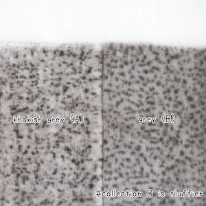 May include: Close-up of two fabric swatches, one labeled "khakish grey (A)" and the other "grey (B)". Both fabrics have a speckled pattern in shades of grey and black. The text "#collection B is fluffier" is also visible.
