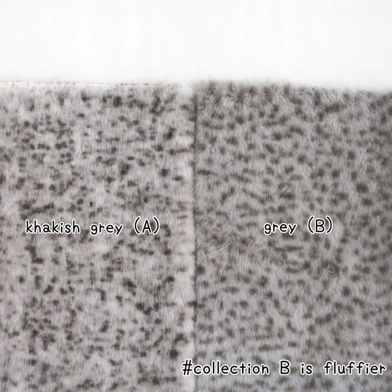 May include: Close-up of two fabric swatches, one labeled "khakish grey (A)" and the other "grey (B)". Both fabrics have a speckled pattern in shades of grey and black. The text "#collection B is fluffier" is also visible.