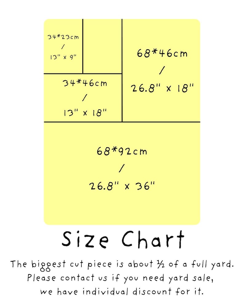 May include: A yellow rectangular size chart with black text and lines. It displays dimensions in centimeters and inches: 34*23cm (13" x 9"), 34*46cm (13" x 18"), 68*46cm (26.8" x 18"), and 68*92cm (26.8" x 36"). Text reads: Size Chart. The biggest cut piece is about 1/2 of a full yard. Please contact us if you need yard sale, we have individual discount for it.