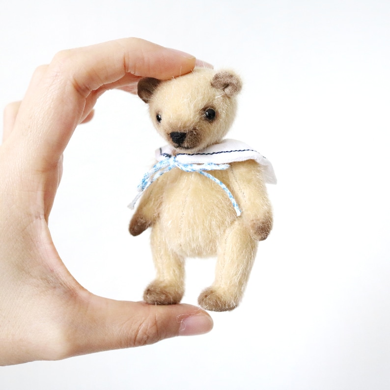 K&ouml;nnte beinhalten: Ein beiger Miniatur-Teddyb&auml;r mit dunkelbraunen Ohren, Pfoten und Nase. Der B&auml;r tr&auml;gt einen wei&szlig;en Matrosenkragen mit blauem Rand und eine blau-wei&szlig; karierte Schleife um den Hals, pr&auml;sentiert vor einem schlichten wei&szlig;en Hintergrund.