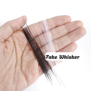 Könnte beinhalten: Eine Ansammlung dünner, gerader, synthetischer Fasern in Schwarz und Weiß, die fächerförmig angeordnet sind. Der Text "Fake Whisker" ist in Schwarz auf einem weißen, rechteckigen Hintergrund über der Mitte der Fasern abgedruckt.