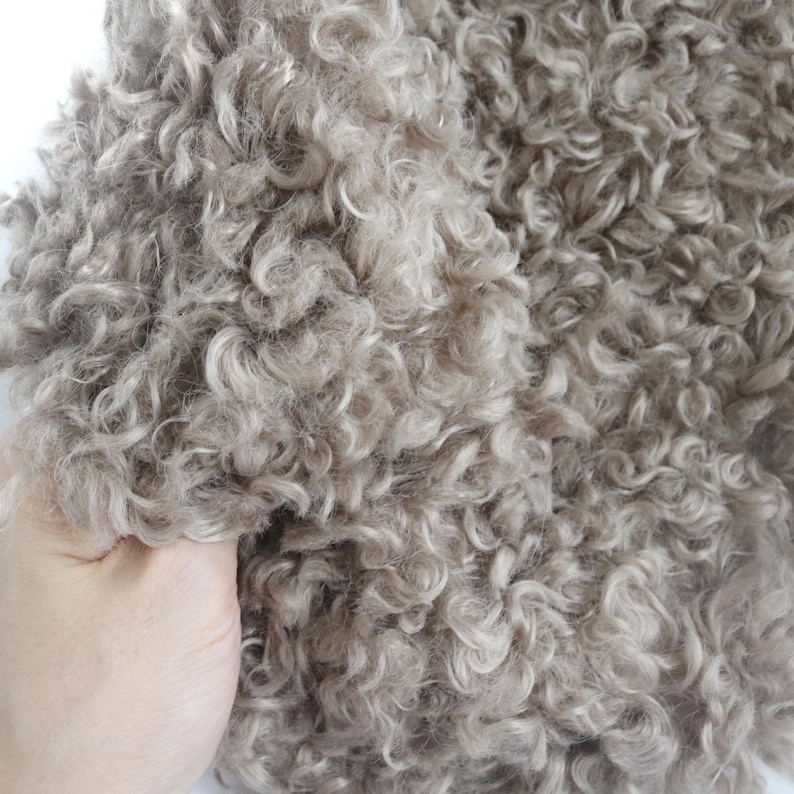 May include: A swatch of curly, textured fabric in a light taupe or beige color. The material features dense, spiraled loops that create a voluminous, shaggy appearance with a soft, multi-tonal look across the entire surface of the textile.