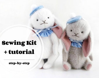 Kit-teddy rabbit craft kit with tutorial DIY material kit teddy bunny plush doll making supplies rabbit pattern sewing complete kit